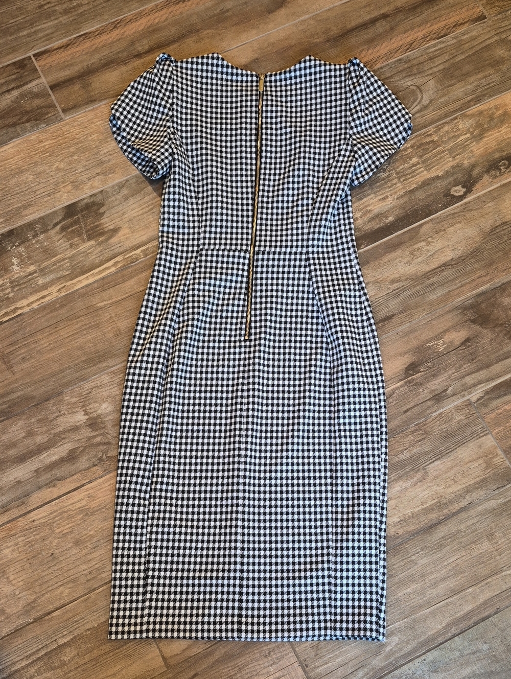 Calvin Klein Black & White Gingham Check Short Tulip Sleeve Sheath Midi Dress 2 - Picture 6 of 11